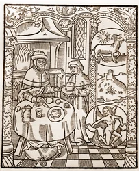 Hyrdekalender - Månedernes arbejde - Januar - Træsnit fra bogen fra 1496 trykt af Guy Marchant (Guido Mercator) i Troyes - Træstik i "Le grand Calendrier et compost des shepherds" -