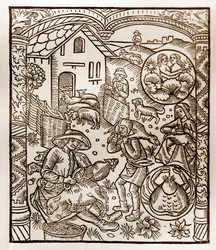 Hyrdekalender - Månedernes Arbejde - Juni - Træsnit fra bogen fra 1496 trykt af Guy Marchant (Guido Mercator) i Troyes - Træstik i "Le grand Calendrier et compost des shepherds"" -