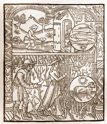 Hyrdekalender - Månedernes arbejde - marts - Træsnit fra bogen fra 1496 trykt af Guy Marchant (Guido Mercator) i Troyes - Træstik i "Le grand Calendrier et compost des shepherds" -