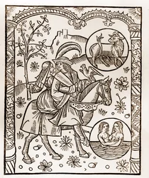 Hyrdekalender - Månedernes arbejde - Maj - Træsnit fra bogen fra 1496 trykt af Guy Marchant (Guido Mercator) i Troyes - Træstik i "Le grand Calendrier et compost des shepherds" -