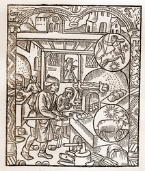 Hyrdekalender - Månedernes arbejde - November - Træsnit fra bogen fra 1496 trykt af Guy Marchant (Guido Mercator) i Troyes - Træstik i "" Le grand Calendrier et compost des shepherds"" - Brødovn -