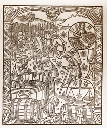 Hyrdekalender - Månedernes arbejde - Oktober - Træsnit fra bogen fra 1496 trykt af Guy Marchant (Guido Mercator) i Troyes - Træstik i "" Le grand Calendrier et compost des shepherds"" - Høsten - og tegnene på stjernetegn: den