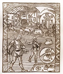 Hyrdekalender - Månedernes arbejde - September - Træsnit fra bogen fra 1496 trykt af Guy Marchant (Guido Mercator) i Troyes - Au premier plan, des peassans sement a la volee - Træsnit i "Le grand Calendrier et compost des shepherds" -