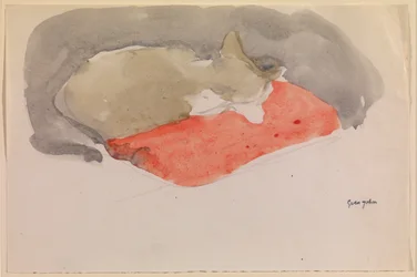 Kat sover på en rød pude (gouache og blyant på papir)