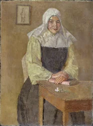 Mere Poussepin siddende ved et bord (olie på lærred)