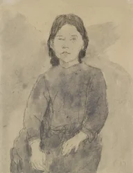 Siddende pige (Marie Hamonet?) (kul, grå vask & kropsfarve på gråt papir)