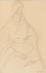 Studie for Mere Poussepin siddende ved et bord, ca. 1915