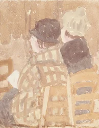 To kvinder sidder i en kirke (akvarel på papir)