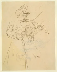 Kvinde står og spiller violin (blyant på papir)