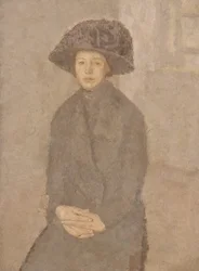 Ung kvinde iført en stor hat, ca. 1917-25 (olie på lærred lagt om bord)
