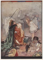 En kaotisk køkkenscene, hvor hollænderinden bærer en gris klædt ud som en baby og taler med Alice, mens kokken kaster med redskaber.