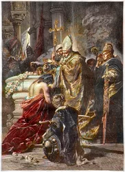 Dåben af Sankt Stefan (ca. 970-1038), helgen og Ungarns første konge, døbt af Sankt Adalbert af Prag. Efter et værk af Gyula Benczúr. Den ungarske prins Vajk bliver døbt af Sankt Adalbert af Prag og tager navnet Stefan (Sankt Stefan 1., konge)