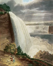 Niagara Falls, en del af American Fall from the Foot of the Stair Case, indgraveret af J. Hill, pub. af H.L.Megarcy (farvegravering)