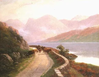 Kører med køer ved søen Buttermere, aften