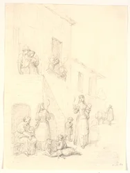 Kvinder og børn udenfor et italiensk hus