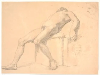 Studie af mandlig, nøgen, tilbagelænet model. T.h. to portræthoveder, den ene muligvis Constantin Hansen