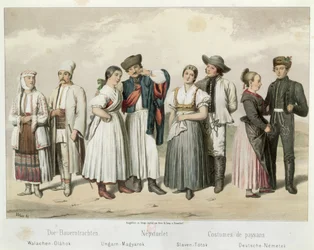 Bondedragter fra Rumænien, Ungarn, Slovakiet og Tyskland (fra venstre mod højre), fra „Skitser af folkelivet i Ungarn“ af Gabriel de Pronay, 1855