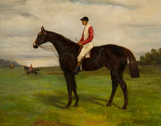 Zealot en bay væddeløbshest med jockey, ca. 1871-1933 (olie på lærred)