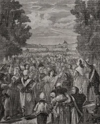 Kvinderne marcherer mod Versailles, 5.-6. oktober 1789, indgraveret af Pannemaker-Ligny, fra 