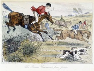 Jagtscene, engelsk tegneserie om rævejagt, taget fra Thomas Scotts "" eventyr, eller Hawbuck Grange", illustration af H.K. Browne og W.T. Maud.