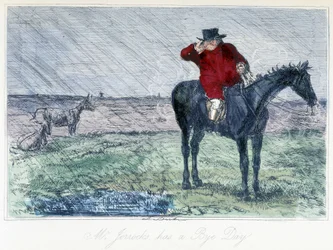 Hestejagtscene på en regnvejrsdag. Engelsk karikatur om rævejagt fra "Thomas Scotts eller Hauwbuck Granges eventyr", illustration af H.K. Browne og W.T. Maud.