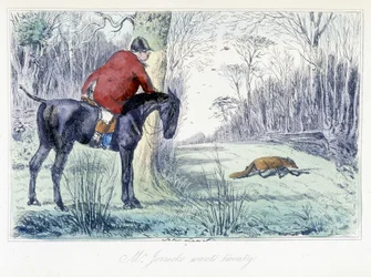 Hestejagtscene. Engelsk tegneserie om rævejagt fra "" Adventures of Thomas Scott or Hawbuck Grange"" illustration af H.K. Browne og W.T. Maud.