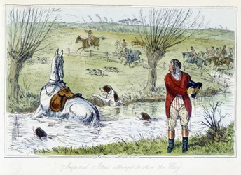 Hunter og hans hest falder i en vandgård. Engelsk karikatur på rævejagten fra "thomas Scotts eller Hawbuck Granges eventyr", illustration af H.K. Browne og W.T. Maud.