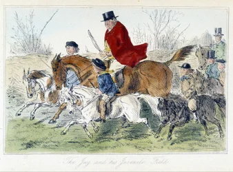 Jagtscene, engelsk karikatur om rævejagt henter fra "" eventyr af Thomas Scott eller Hawbuck Grange", illustration af H.K. Browne og W.T. Maud.