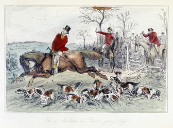 Jagtscene i "The Adventures of Thomas Scott", illustration af H.K. Browne og W.T. Maud; Engelsk tegneserie om rævejagt.