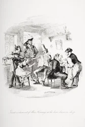 Stor begejstring hos Miss Kenwigs i frisørbutikken, illustration fra `Nicholas Nickleby