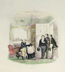 Mr. Pickwick bliver fundet af sine venner med fru Bardell i armene, illustration fra 