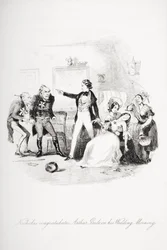 Nicholas lykønsker Arthur Gride med hans bryllupsmorgen, illustration fra `Nicholas Nickleby
