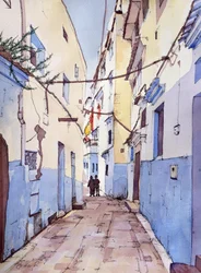 En stille gåtur, Chefchaouen, Marokko, ca. 2024 (akvarel og blæk)