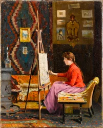 ""Ung pigemaler i hendes atelier"" (Girl Painter and Her Studio) Maleri af Halil Pasha (Pasa, Pacha)(1857-1939) 1939 Olie på lærred Dim 41x33 cm Sakip Sabanci Museum, Istanbul