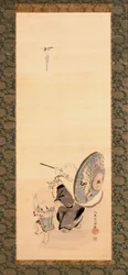 Hotei And Child (blæk og farve på silke)