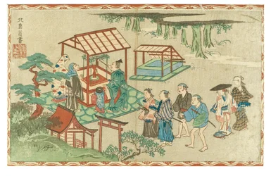 Besøg i en shinto-helligdom, ca. 1830-1839 (træsnit på papir)