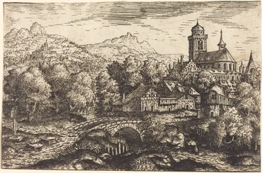 Bjerglandskab med en landsby