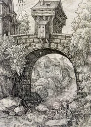 Landskab med broport og vand, ca. 1550 (radering)