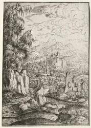 Landskab med en vej til et slot på en ø i en flod, 1554.