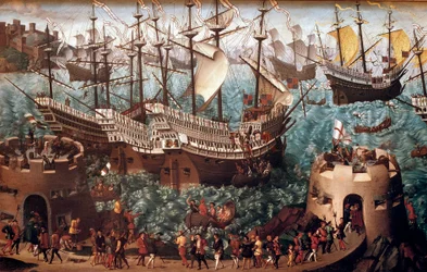 Indskibning af Henrik VIII (1491-1547) i Dover på galionen Henri Grace a Dieu” i anledning af handelen underskrevet med Francois I (Camp du Drap d
