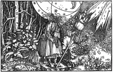 Gammel kvinde (heks eller fe), der spinder
