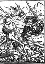 Hans Holbein den unges falske død (1497-1543): soldaten. En soldat bekæmper Døden; ved deres fødder ligger andre krigeres kroppe. Gravering.