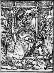 Simuleringerne af Hans Holbein den unges død (1497-1543): kejseren. Mens Døden fjerner kejserens krone, beder en bonde ham om retfærdighed. Gravering.