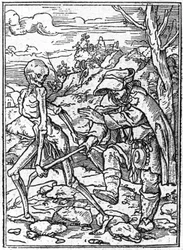 Simuleringerne af Hans Holbein den Yngres død (1497-1543): de blinde. Døden griber den blindes pind og fungerer som en guide. Gravering.