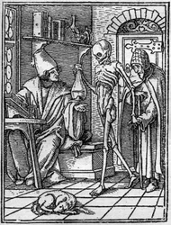 Simuleringerne af Hans Holbein den Yngres død (1497-1543): lægen. Døden kommer mellem lægen og hans patient. Gravering.