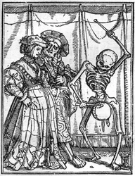 Simuleringerne af Hans Holbeins død (1497-1543): ægtemændene. Døden spiller på tromme foran et par. Gravering.
