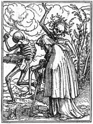 Simuleringerne af Hans Holbein den Yngres død (1497-1543): den gamle. Døden følger en gammel dame til hendes skæbne. Gravering.