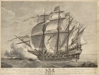 Dette tryk er den nøjagtige gengivelse af hovedskibet Great Harry, der blev bygget på Hans Majestæts værft i Woolwich under kong Henrik den 8. anno 1514 ...