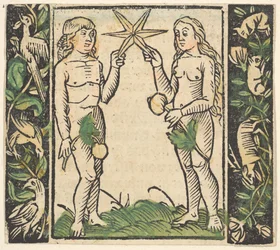 Adam og Eva holder en stjerne, illustration fra Decided Gart des Rosary Mariae.