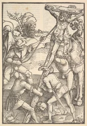 The Raising of the Cross, verso: The Raising of the Cross, fra Speculum Passionis Domini ..., 1507.